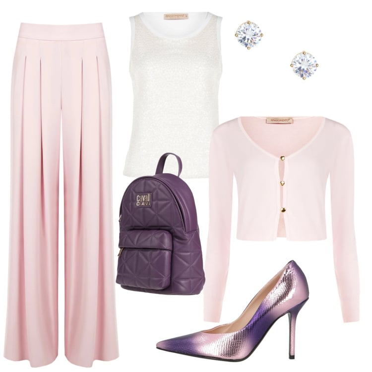 Outfit donna - Il rosa di Rinascimento. Stile Casual chic per Serata fuori. Abbinamento con zaini, décolleté, pantaloni a palazzo, cardigans, canottiere, orecchini.