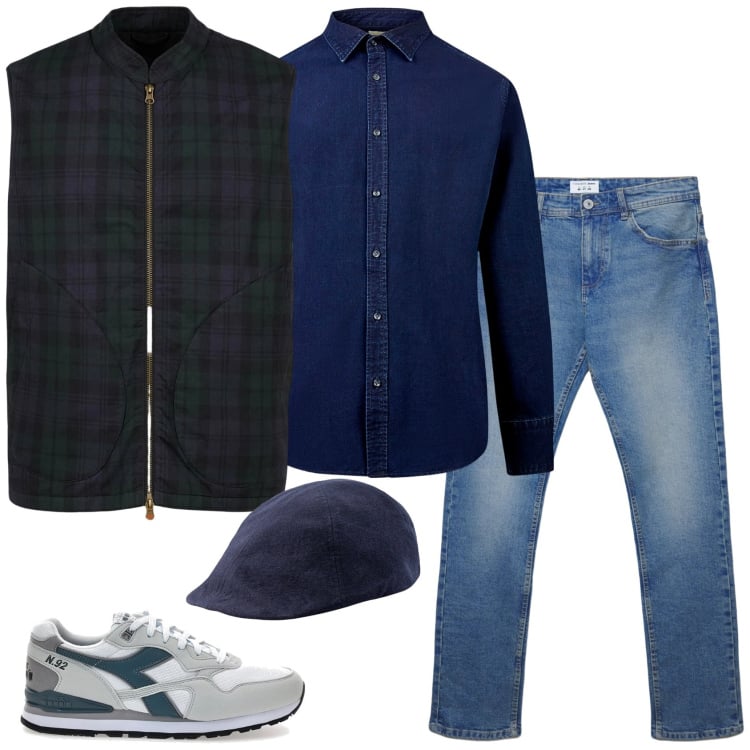 Outfit uomo - Blue jeans. Stile Casual per Tutti i giorni. Abbinamento con camicie, piumini, cappelli con visiera, jeans dritti, sneakers.