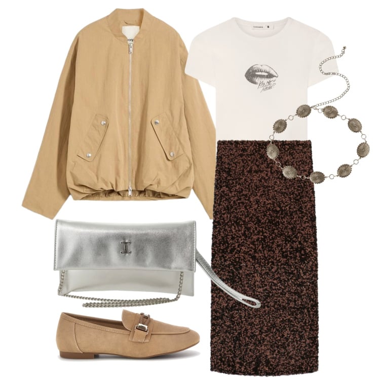 Outfit donna - Marzo. Stile Trendy per Tutti i giorni. Abbinamento con bomber, cinture, t-shirt, borse a tracolla, gonne longuette, mocassini.