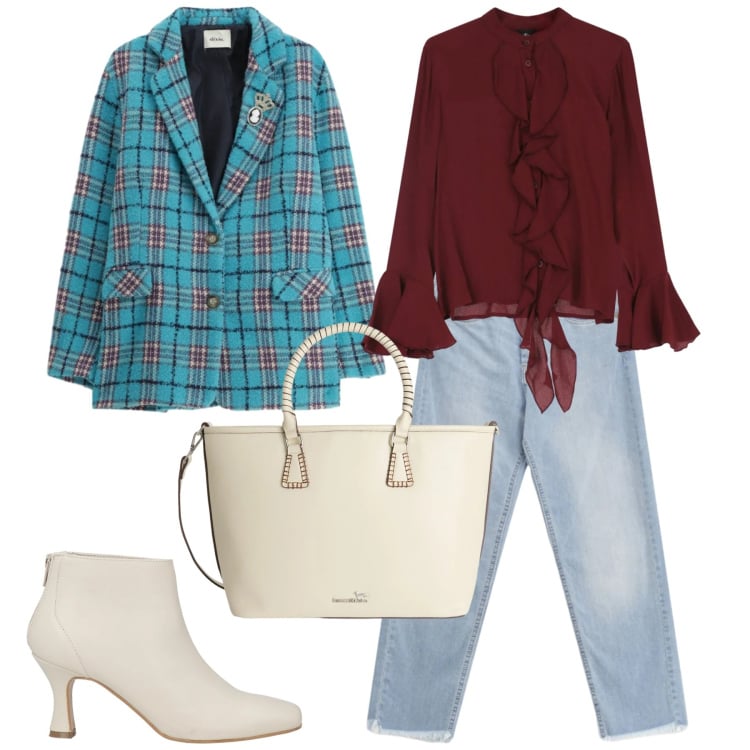 Outfit donna - Primavera finalmente. Stile Sporty chic per Tutti i giorni. Abbinamento con stivaletti, shopping bag, jeans, blazer, camicie.