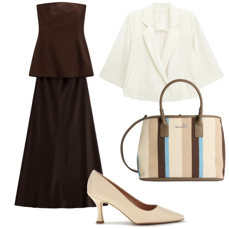 Outfit donna - Marzo. Stile Glamour per Tutti i giorni. Abbinamento con shopping bag, blazer, vestiti lunghi, décolleté.