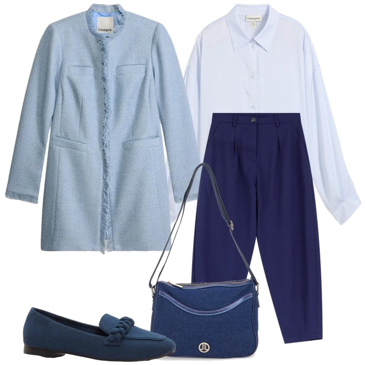 Outfit donna - Blu a primavera. Stile Casual chic per Tutti i giorni. Abbinamento con camicie, mocassini, blazer, pantaloni, borse a tracolla.