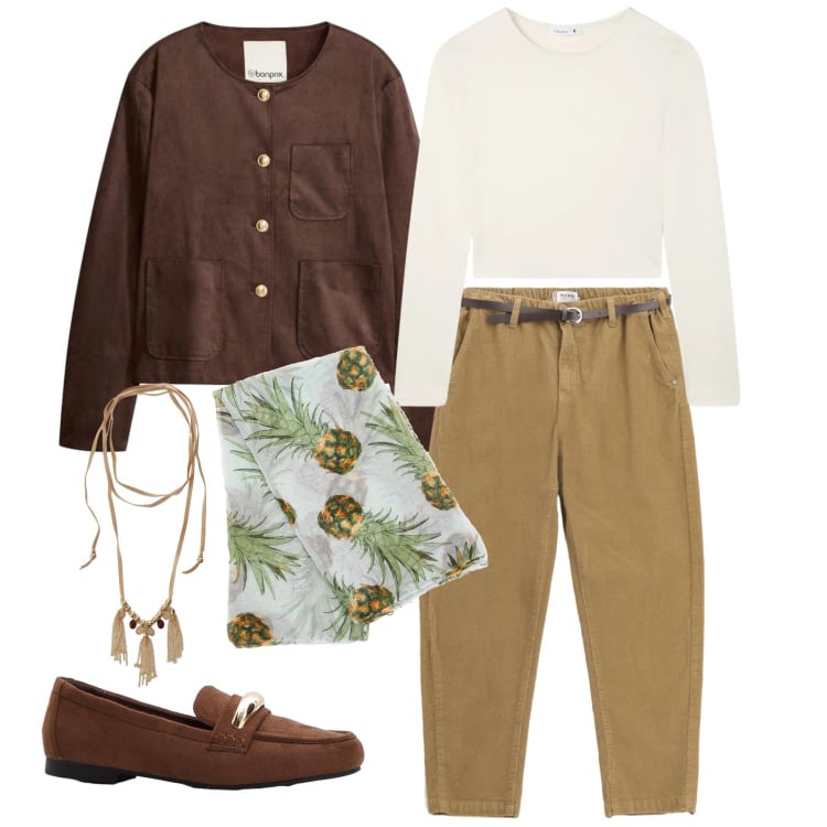 Outfit donna - Marzo. Stile Casual chic per Tutti i giorni. Abbinamento con blazer, mocassini, t-shirt, pantaloni chino, collane, foulard.