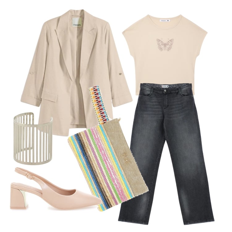 Outfit donna - Marzo. Stile Casual chic per Tutti i giorni. Abbinamento con blazer, t-shirt, jeans, braccialetti, décolleté, pochette.