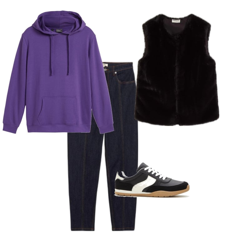 Outfit femme - Promenade à la fraîcheur. Style Sporty chic pour Tous les jours. Assortir avec jeans mom, gilets sans manche, sweats à capuche, sneakers.