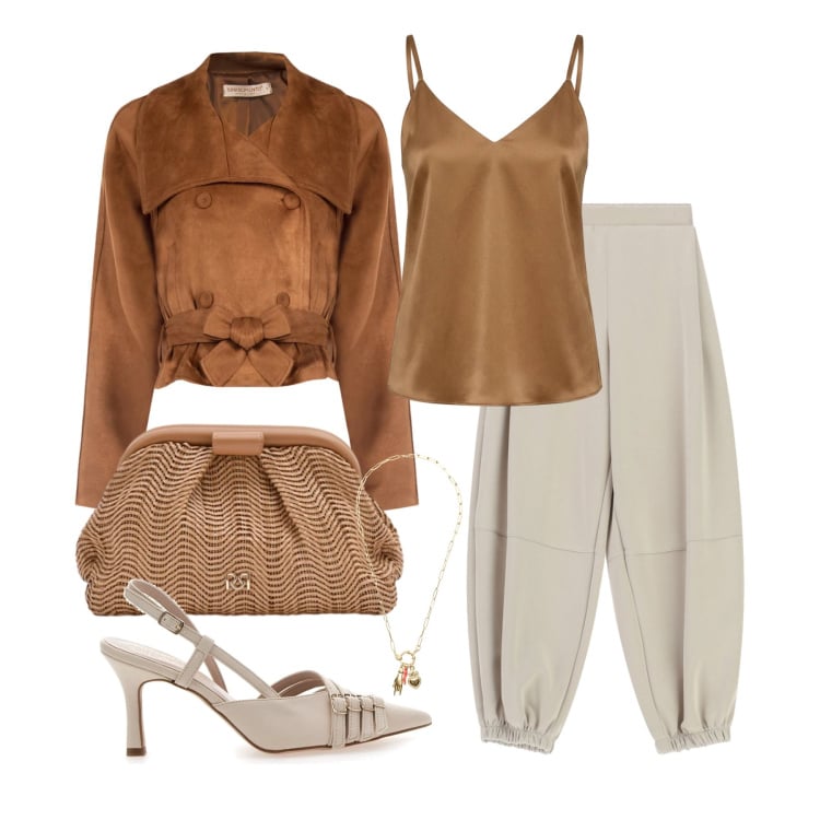 Outfit donna - Marzo. Stile Glamour per Tutti i giorni. Abbinamento con giacche, canottiere, pochette, pantaloni, ciondoli, décolleté.