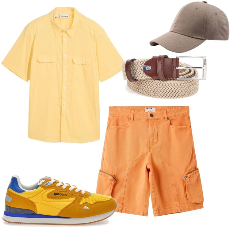Outfit uomo - Sole e arancione estivo. Stile Casual per Tutti i giorni. Abbinamento con camicie a manica corta, pantaloni corti, cappelli con visiera, cinture, sneakers.