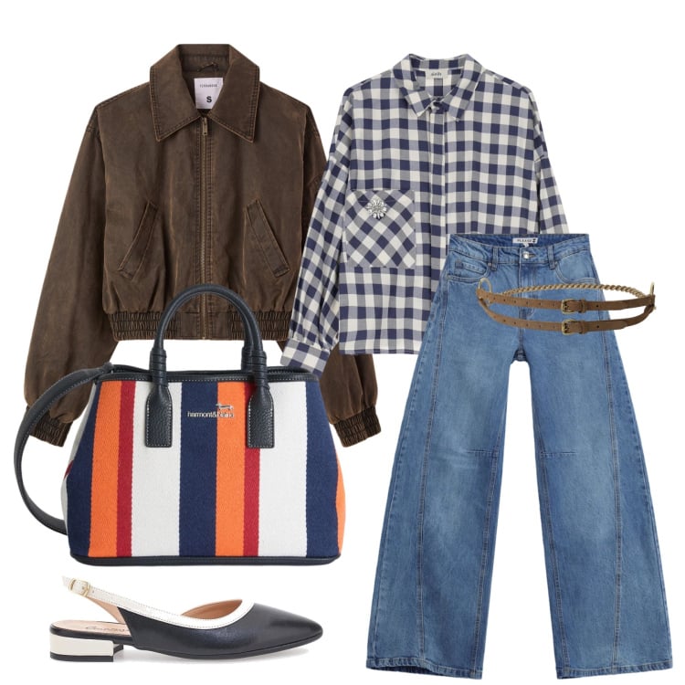 Outfit donna - Marzo. Stile Casual chic per Tutti i giorni. Abbinamento con shopping bag, bomber, jeans, camicie, cinture, ballerine.