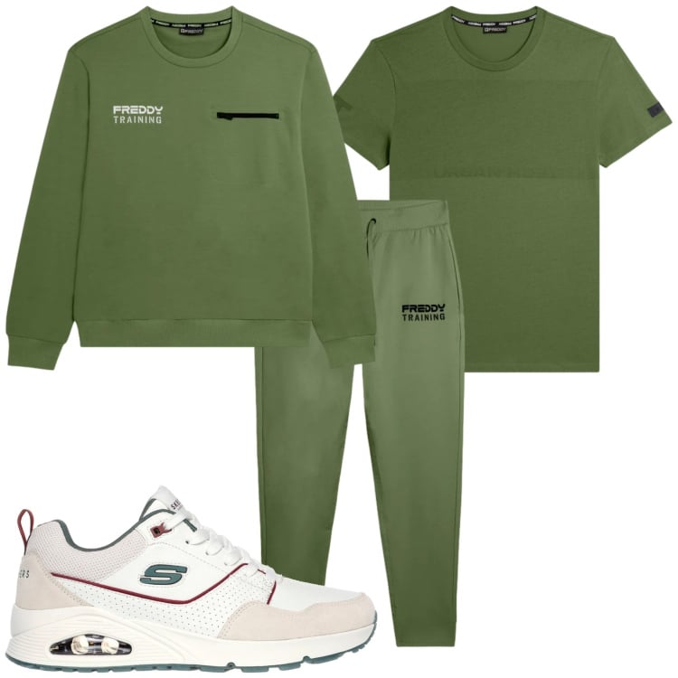 Outfit uomo - Verde oliva ma sportivo. Stile Casual per Sport. Abbinamento con felpe, pantaloni, t-shirt, sneakers.