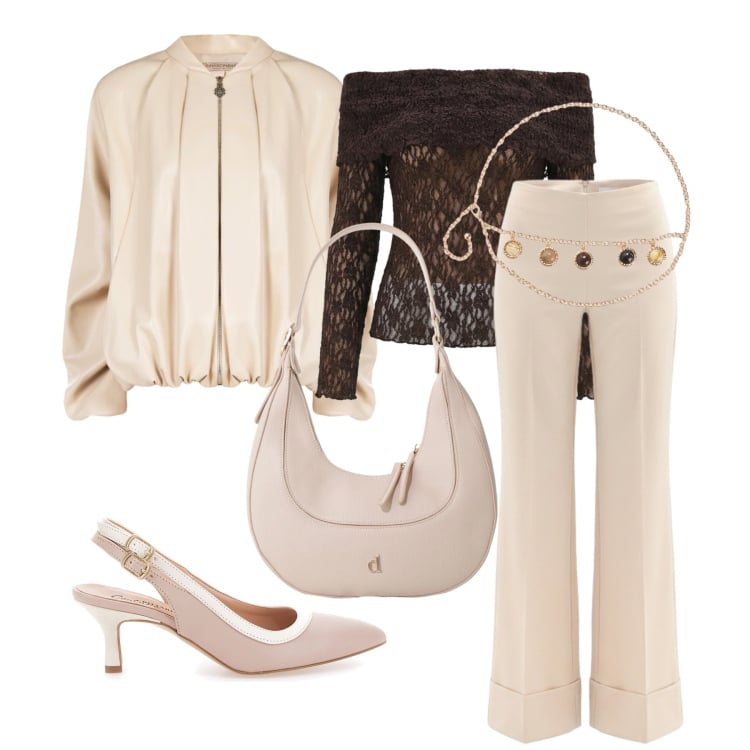 Outfit donna - Marzo. Stile Chic per Tutti i giorni. Abbinamento con cinture, pantaloni a palazzo, bomber, bluse, borse a tracolla, décolleté.