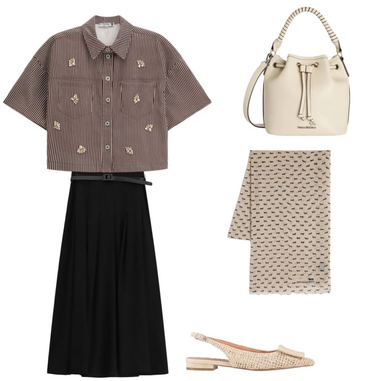 Outfit donna - The con le amiche. Stile Casual per Tutti i giorni. Abbinamento con ballerine, borse a secchiello, sciarpe, camicie a manica corta, gonne lunghe.