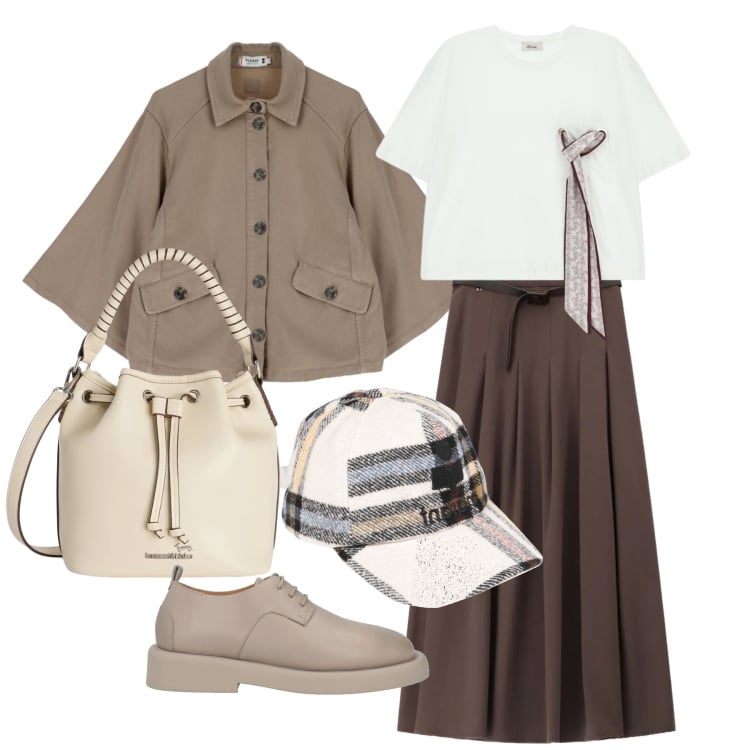 Outfit donna - Marzo. Stile Casual chic per Tutti i giorni. Abbinamento con cappelli con visiera, scarpe stringate, borse a secchiello, cappotti, t-shirt, gonne lunghe.
