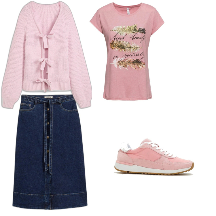 Outfit femme - Rose tendre et jean. Style Tendance pour Tous les jours. Assortir avec pulls, jupes au genou, t-shirts, sneakers.