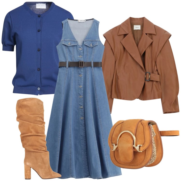 Outfit donna - Total look #2366682. Stile Trendy per Serata fuori. Abbinamento con marsupi, stivali, cardigans, vestiti midi/longuette, blazer.