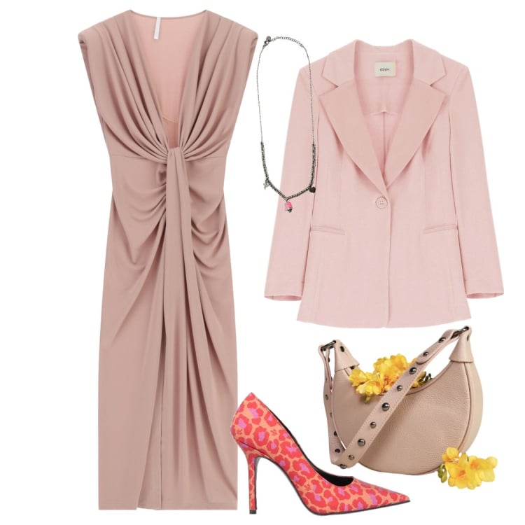 Outfit donna - Invitata al battesimo. Stile Chic per Cerimonia. Abbinamento con décolleté, vestiti lunghi, blazer, borse a spalla, ciondoli.