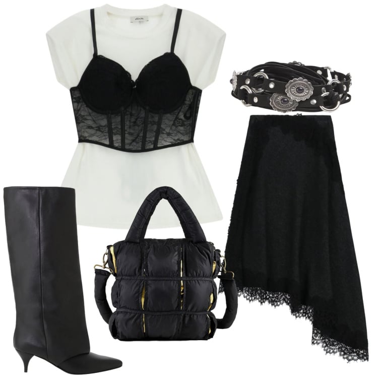 Outfit donna - Total look #2366697. Stile Glamour per Serata fuori. Abbinamento con cinture, borse a mano, stivali, top, gonne lunghe.