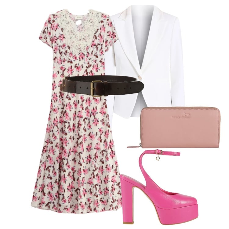 Outfit donna - Barbie pizzo e fiori. Stile Romantica per Tutti i giorni. Abbinamento con décolleté, portafogli, blazer, cinture, vestiti midi/longuette.