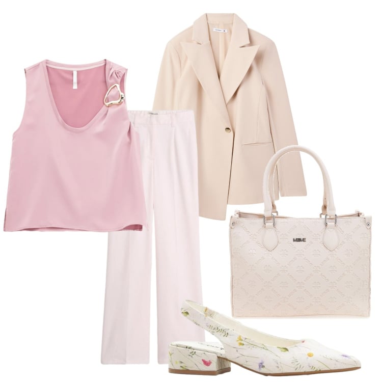 Outfit donna - Aria di primavera- soft power dressing. Stile Romantica per Tutti i giorni. Abbinamento con décolleté, pantaloni, blazer, canottiere, borse a tracolla.