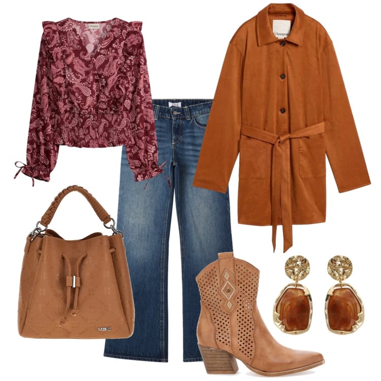 Outfit donna - 70’ boho quotidiano. Stile Boho per Tutti i giorni. Abbinamento con bluse, trench, jeans, orecchini, stivaletti texani, borse a tracolla.