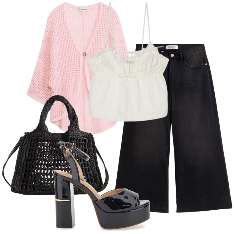 Outfit donna - Romantico primaverile - curvy style. Stile Romantica per Tutti i giorni. Abbinamento con jeans boyfriend, cardigans, borse a tracolla, canottiere, sandali.