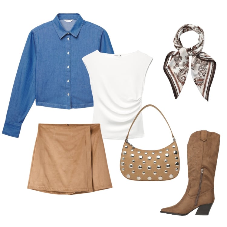 Outfit donna - Total look #2366718. Stile Casual per Tutti i giorni. Abbinamento con minigonne, top, stivali, foulard, borse a tracolla, camicie.