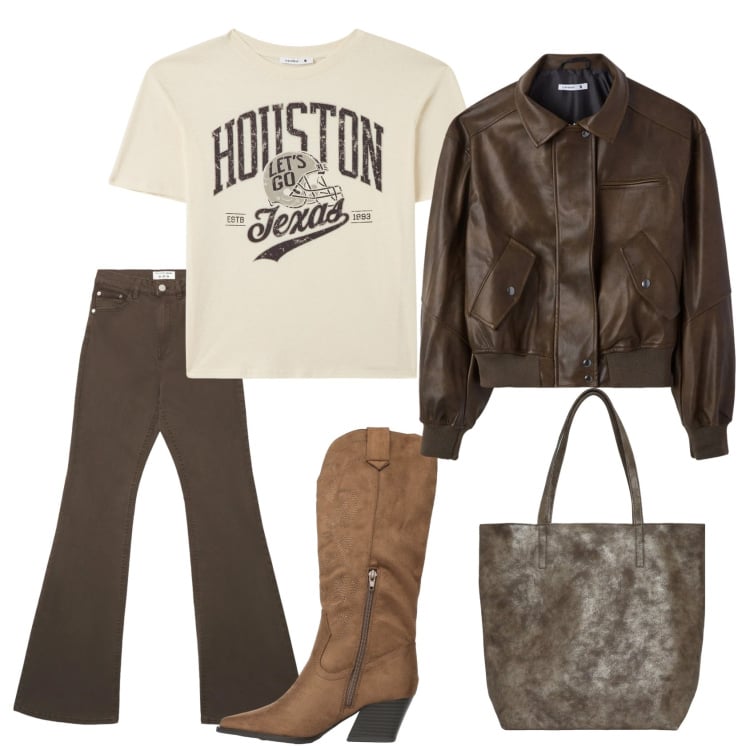 Outfit donna - Mood far West.... contemporaneo. Stile Boho per Tutti i giorni. Abbinamento con jeans a zampa, stivali, shopping bag, giacche, t-shirt.