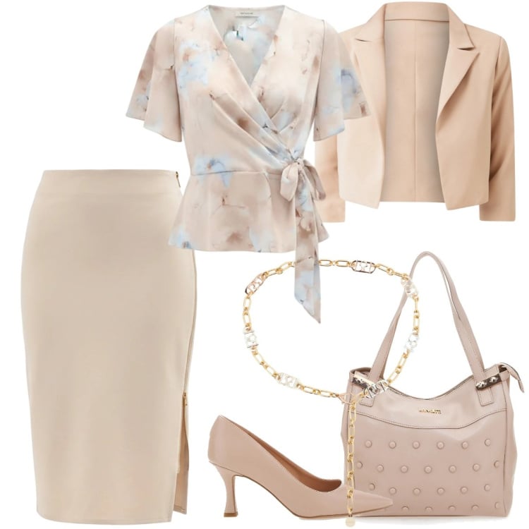 Outfit donna - Total look #2366734. Stile Bon Ton per Cerimonia. Abbinamento con bluse, blazer, cinture, gonne longuette, décolleté, shopping bag.