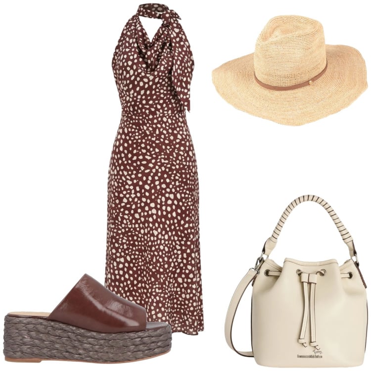 Outfit donna - Una giornata di sole. Stile Trendy per Tutti i giorni. Abbinamento con sandali in pelle, cappelli, borse a secchiello, vestiti midi/longuette.