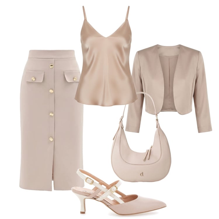 Outfit donna - Cerimonia tortora beige. Stile Chic per Cerimonia. Abbinamento con gonne longuette, bolero, canottiere, borse a tracolla, décolleté.