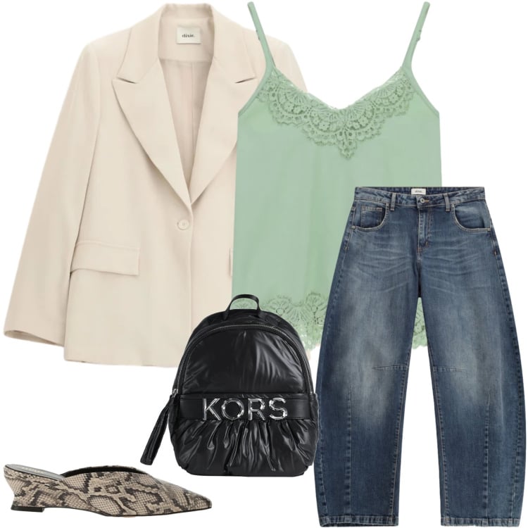 Outfit donna - Mint Freshness & Urban Safari. Stile Casual chic per Tutti i giorni. Abbinamento con zaini, blazer, jeans, top, sabot.