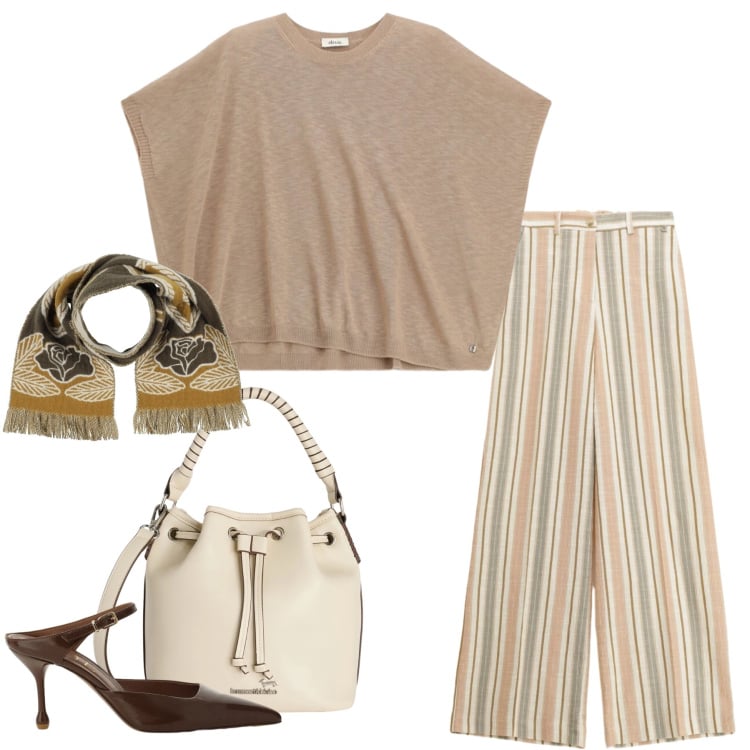 Outfit donna - Desert Sand & Linear Chic. Stile Casual chic per Tutti i giorni. Abbinamento con sciarpe, borse a secchiello, pantaloni a palazzo, décolleté, top.