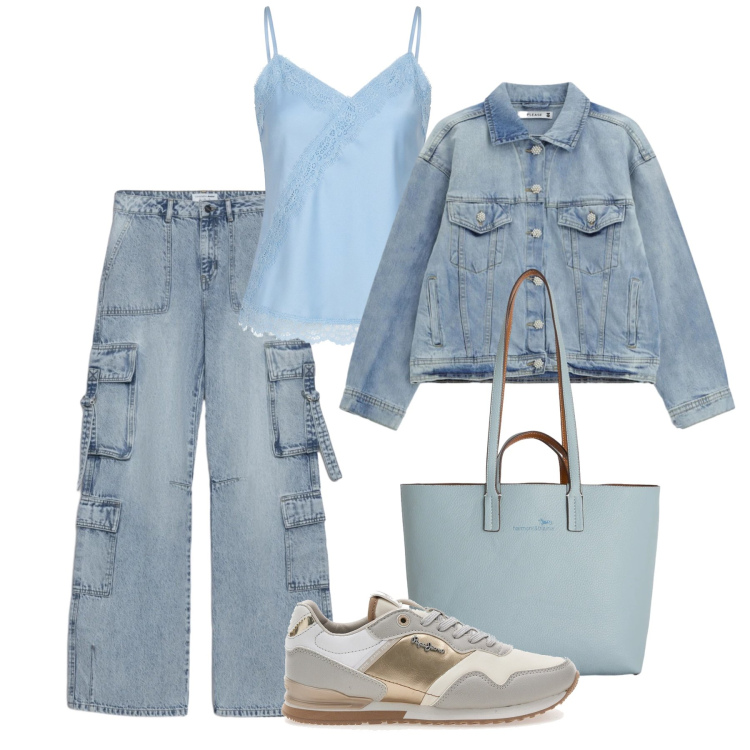 Outfit donna - Dettagli lingerie in trend. Stile Urban per Tutti i giorni. Abbinamento con shopping bag, top, blazer, sneakers, jeans.