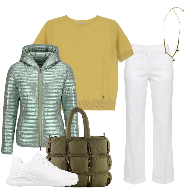 Outfit donna - Spring Energy & Metallic Glow. Stile Casual chic per Tutti i giorni. Abbinamento con pantaloni, borse a mano, blazer, maglieria, ciondoli, sneakers.