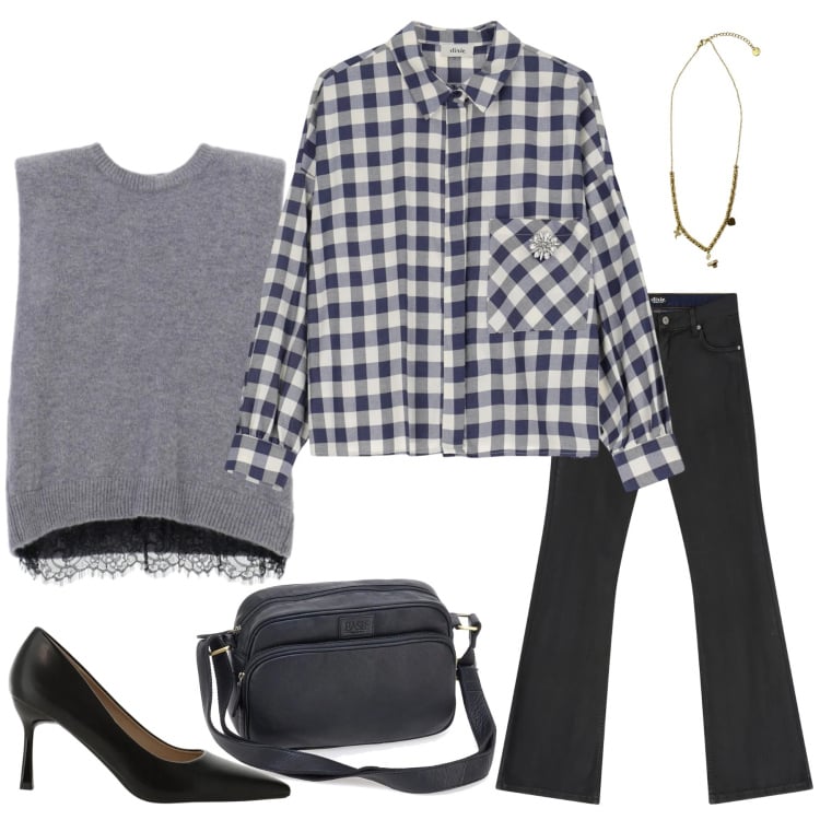 Outfit donna - Urban Chic in Gingham & Lace. Stile Casual chic per Tutti i giorni. Abbinamento con décolleté, maglieria, camicie, jeans, ciondoli, borse a tracolla.