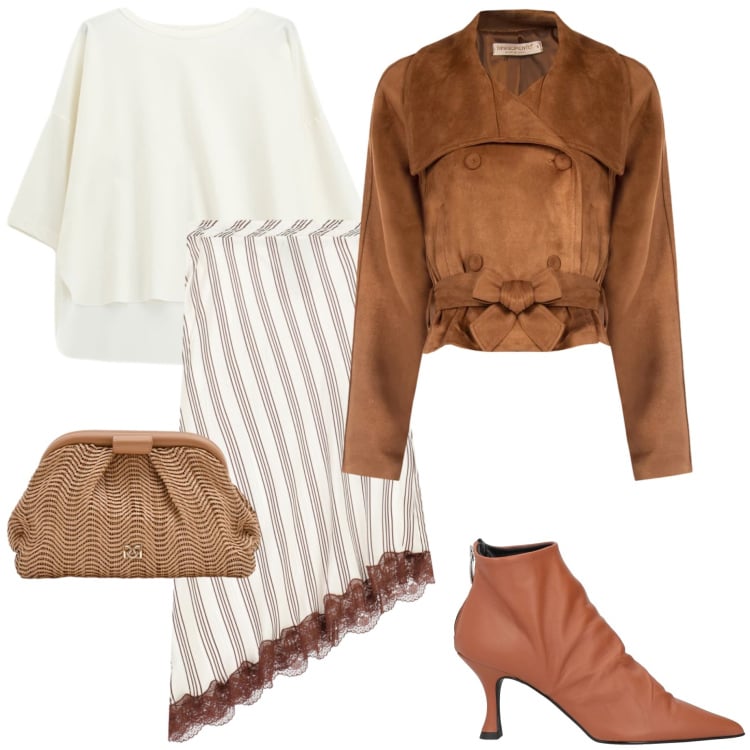 Outfit donna - Gonna assimetrica. Stile Casual chic per Serata fuori. Abbinamento con stivaletti, gonne longuette, giacche, pochette, bluse.