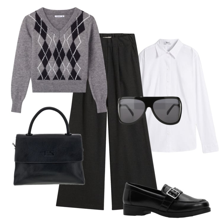 Outfit donna - Ufficio evergreen. Stile Mannish per Ufficio. Abbinamento con pantaloni, mocassini, camicie, pullovers, occhiali da sole, borse a tracolla.