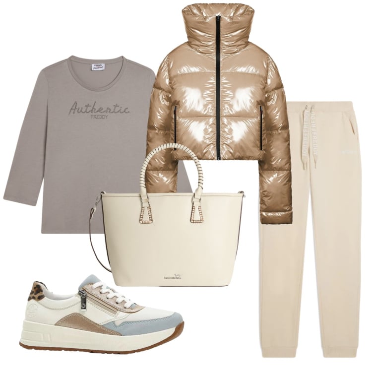 Outfit donna - Total look #2366809. Stile Casual per Sport. Abbinamento con sneakers, shopping bag, piumini, t-shirt, pantaloni.