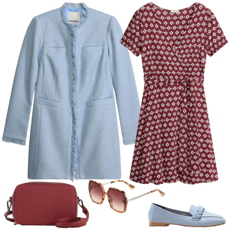 Outfit donna - In città. Stile Basic per Tutti i giorni. Abbinamento con vestiti, blazer, mocassini, borse a tracolla, occhiali da sole.