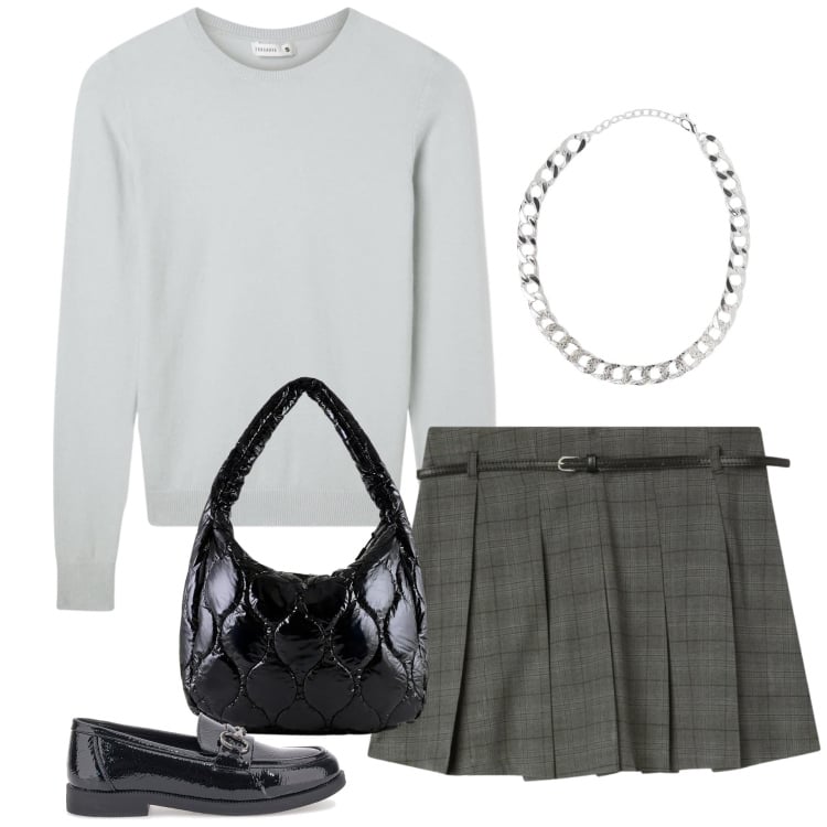 Outfit donna - Modern Preppy & Shiny Grey. Stile Preppy per Tutti i giorni. Abbinamento con minigonne, collane, maglieria, borse tote, mocassini.