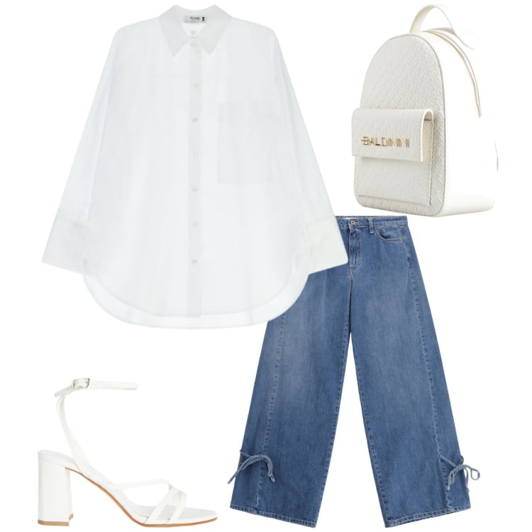 Outfit donna - Pure White & Denim Breeze. Stile Casual chic per Tutti i giorni. Abbinamento con zaini, sandali in pelle, camicie, jeans.