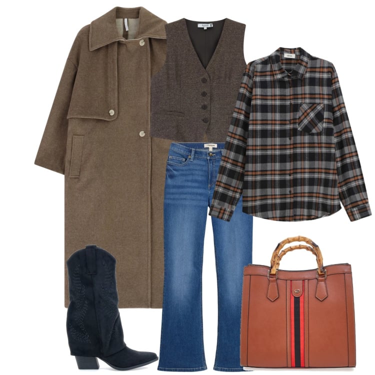 Outfit donna - Total look #2366816. Stile Trendy per Tutti i giorni. Abbinamento con jeans bootcut, gilet, cappotti, camicie, borse a tracolla, stivaletti texani.