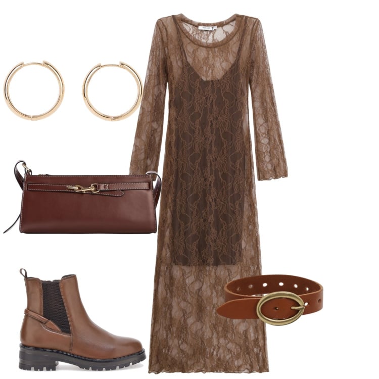 Outfit donna - Chocolate Lace & Earthy Boho. Stile Boho per Tutti i giorni. Abbinamento con orecchini, borse a tracolla, vestiti lunghi, braccialetti, stivaletti chelsea.