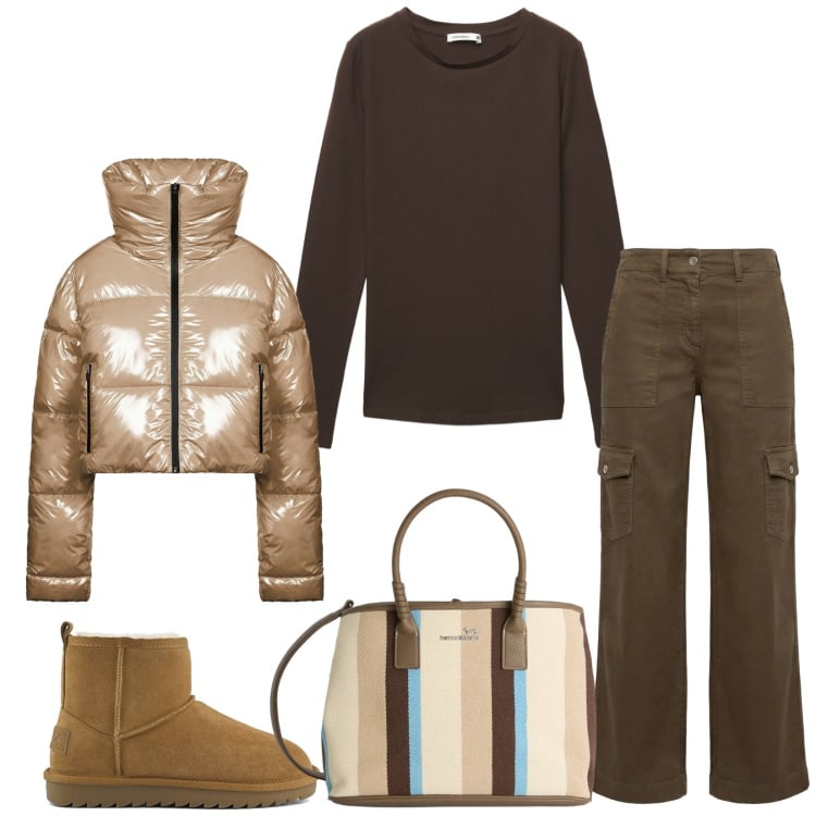 Outfit donna - Total look #2366820. Stile Casual chic per Tutti i giorni. Abbinamento con pantaloni cargo, shopping bag, t-shirt, piumini, stivali.