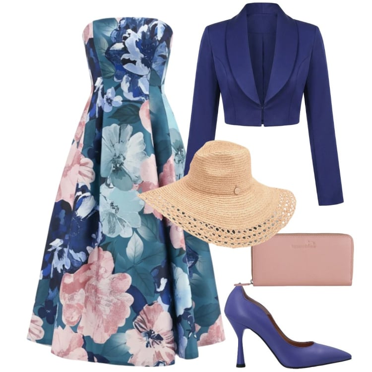 Outfit donna - Total look #2366821. Stile Glamour per Cerimonia. Abbinamento con décolleté, portafogli, vestiti midi/longuette, cappelli, bolero.