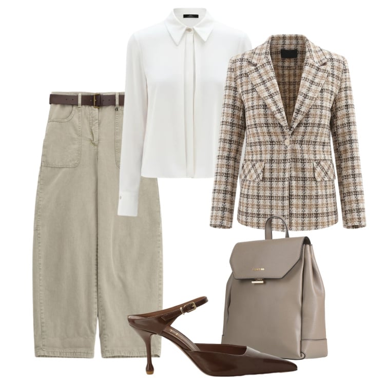 Outfit donna - Comodamente elegante. Stile Casual chic per Tutti i giorni. Abbinamento con zaini, blazer, camicie, pantaloni a palazzo, décolleté.