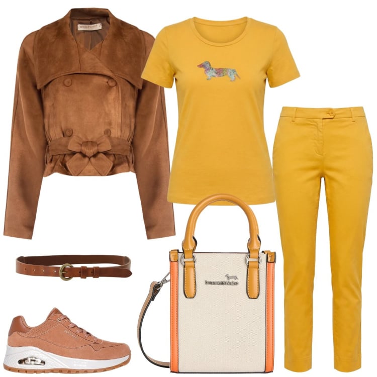 Outfit donna - Dinamica. Stile Casual per Tutti i giorni. Abbinamento con pantaloni, borse tote, t-shirt, giacche, cinture, sneakers.
