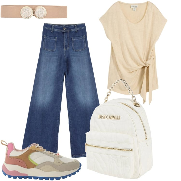 Outfit donna - Passeggiata relax. Stile Casual chic per Tutti i giorni. Abbinamento con zaini, maglieria, jeans, cinture, sneakers.
