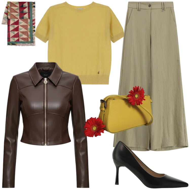 Outfit donna - Flowers spring. Stile Casual chic per Tutti i giorni. Abbinamento con sciarpe, giacche, décolleté, pantaloni a palazzo, maglieria, borse a spalla.