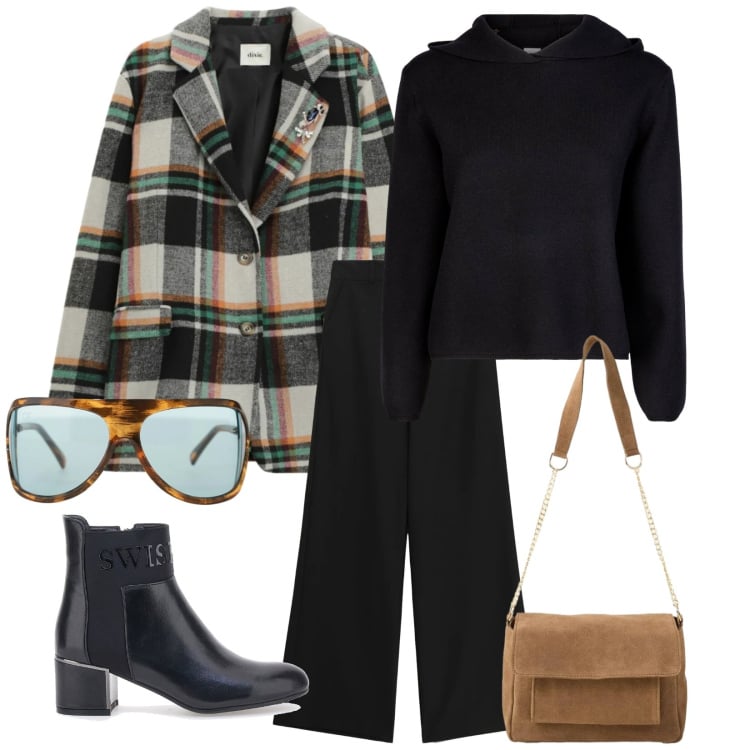 Outfit donna - Total look #2366826. Stile Trendy per Ufficio. Abbinamento con borse a tracolla, pantaloni a palazzo, occhiali da sole, blazer, maglieria, stivaletti.