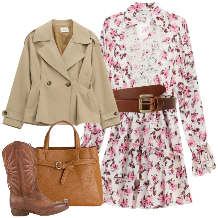 Outfit donna - Romantic Cowgirl. Stile Casual chic per Tutti i giorni. Abbinamento con stivali, blazer, cinture, vestiti corti, borse a mano.
